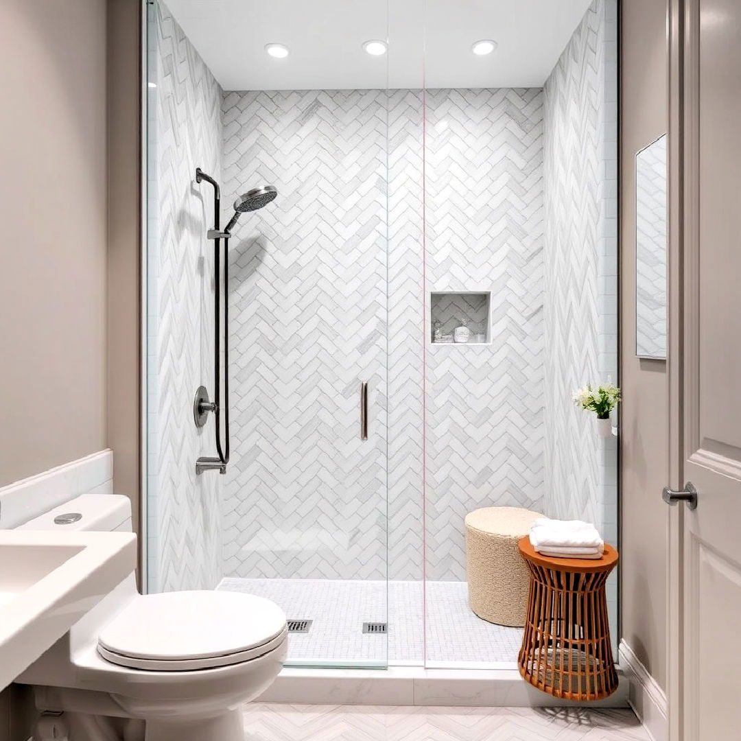 herringbone pattern walk in shower tiles