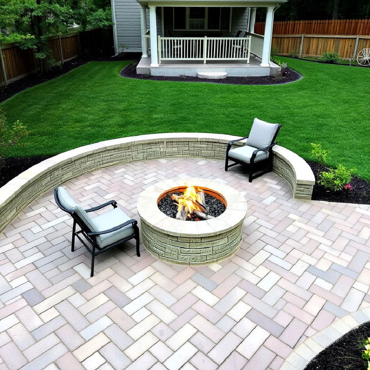 herringbone patterned concrete patio with sunken fire pit