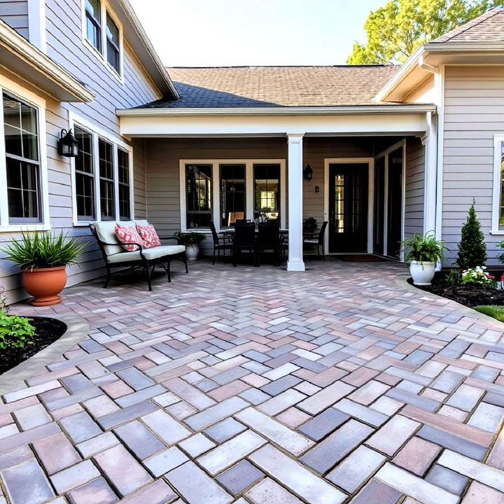 herringbone patterned striking stamped concrete patio