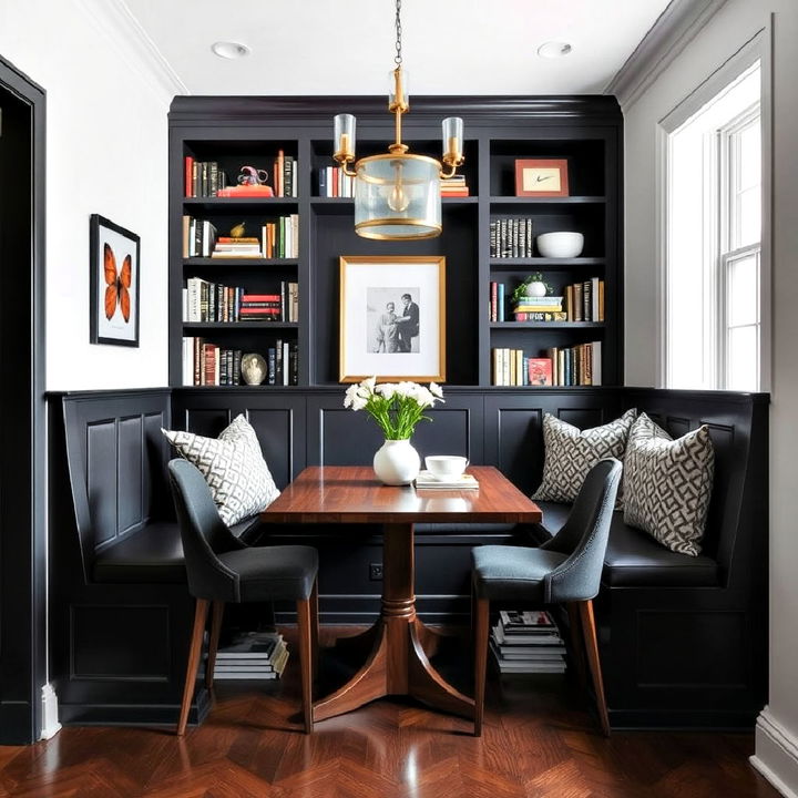 hidden book storage beneath a banquette dining seating