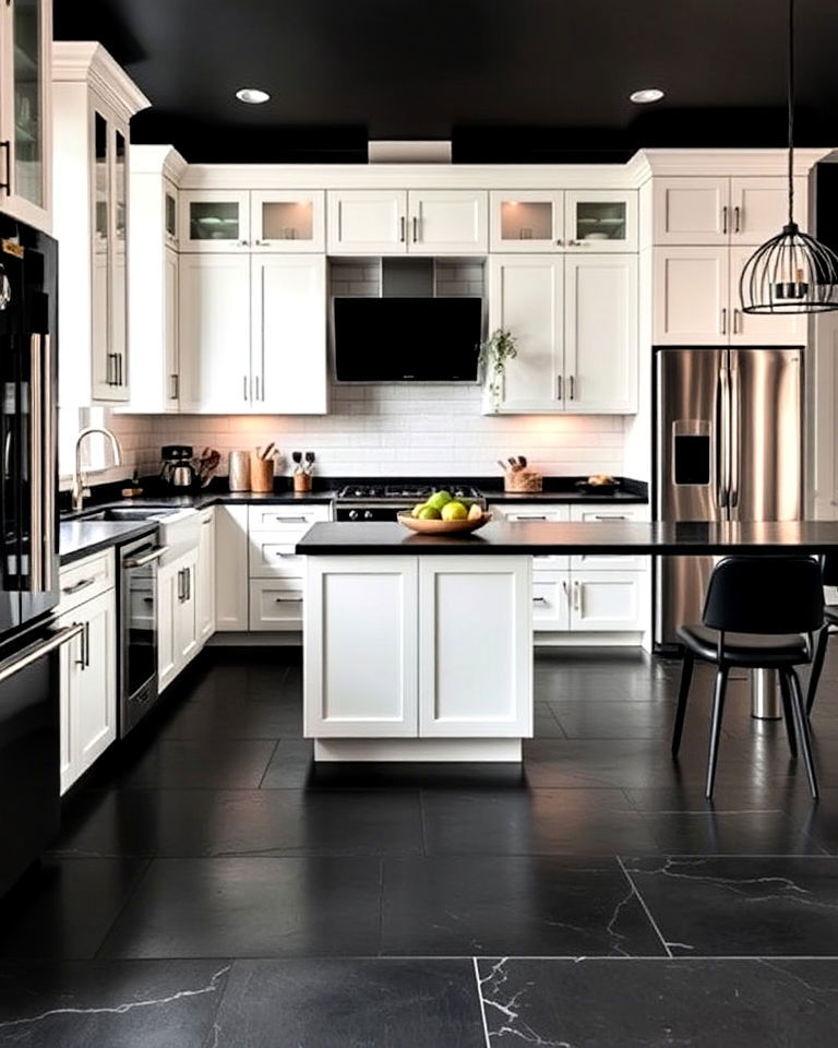 high contrast design kitchen with black slate floor