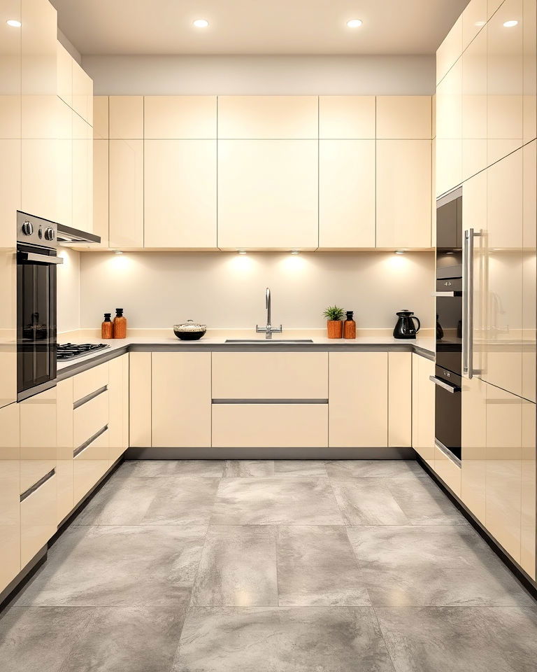 high gloss cabinets with grey floor