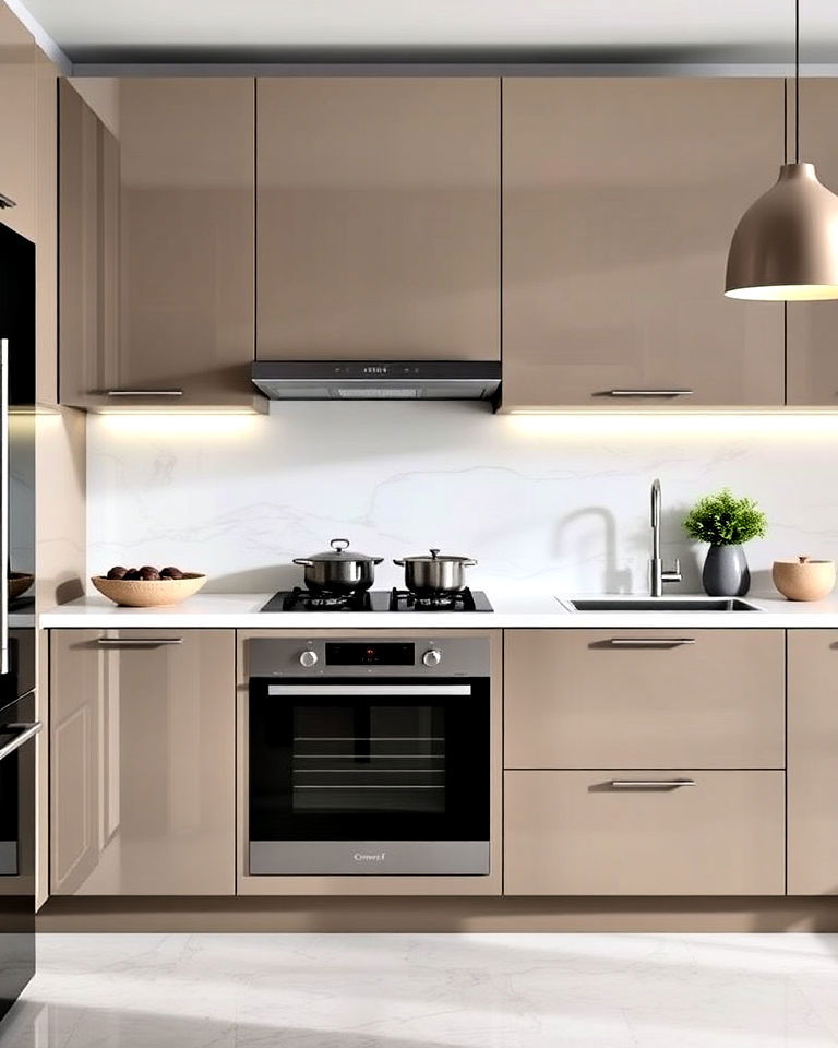 high gloss taupe cabinets for a modern look