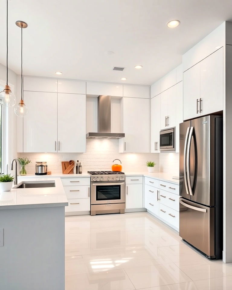 high gloss white cabinets with stainless steel refrigerator