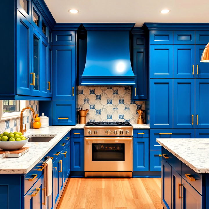 vibrant peacock blue cabinets with modern gold geometric handles