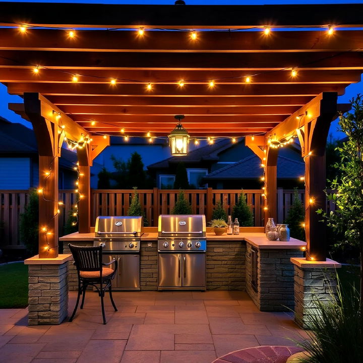 illuminated bbq area under pergola