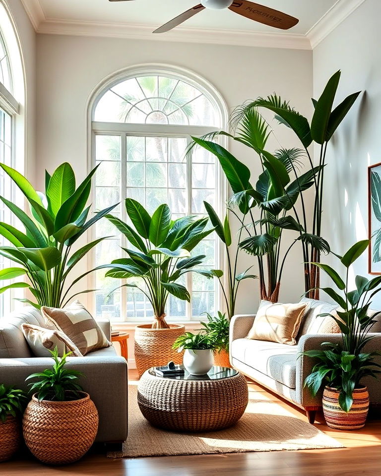 indoor tropical plants lining room