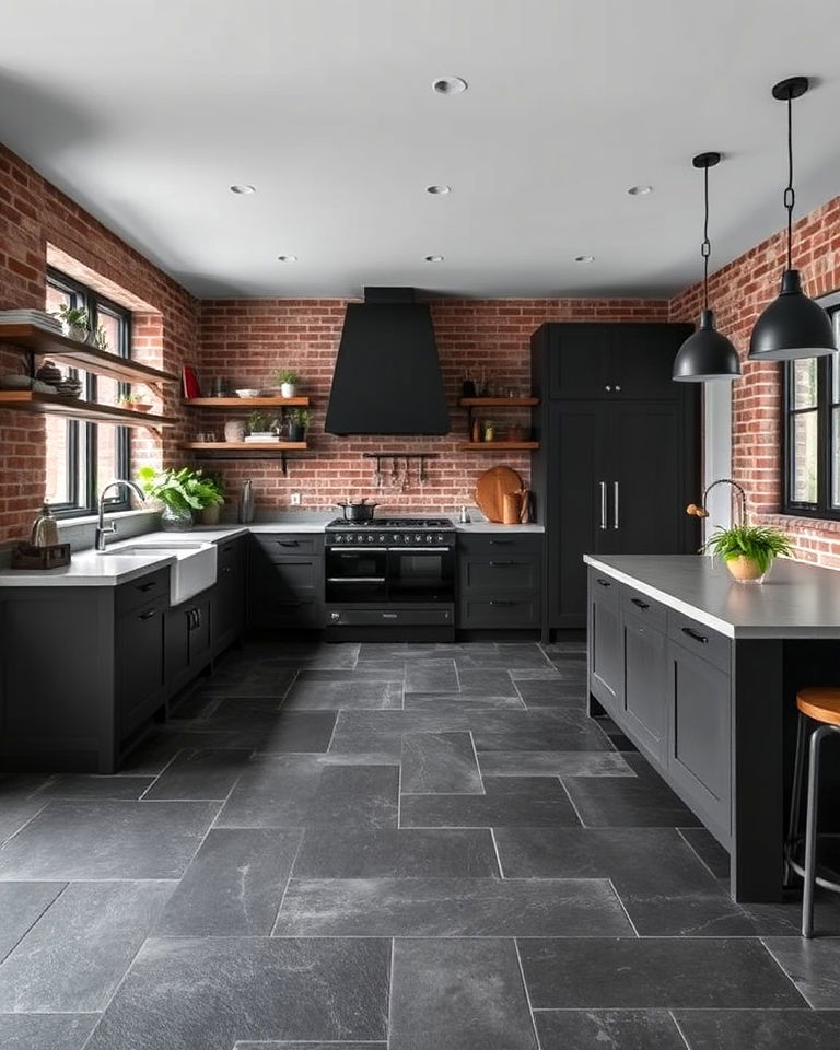 industrial chic kitchen slate floor and exposed brick walls