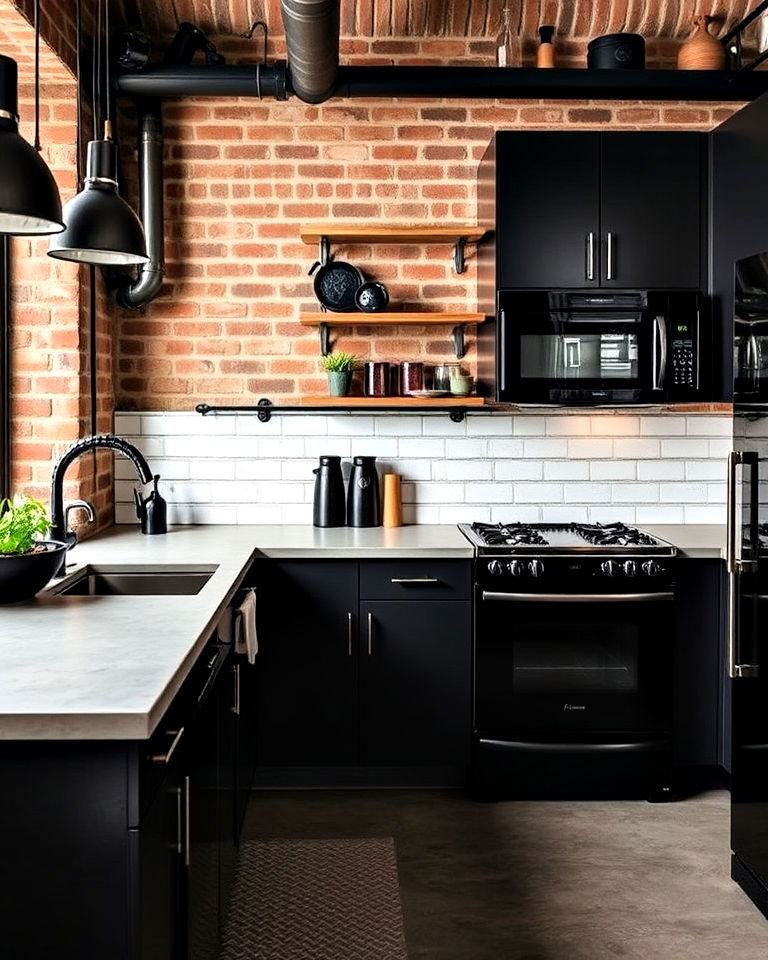 industrial chic small kitchen with black appliances