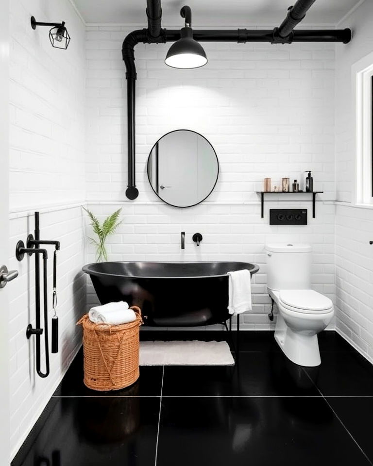 industrial style bathroom with black floor and white walls