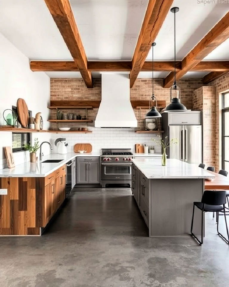 industrial style concrete kitchen floor with exposed beams