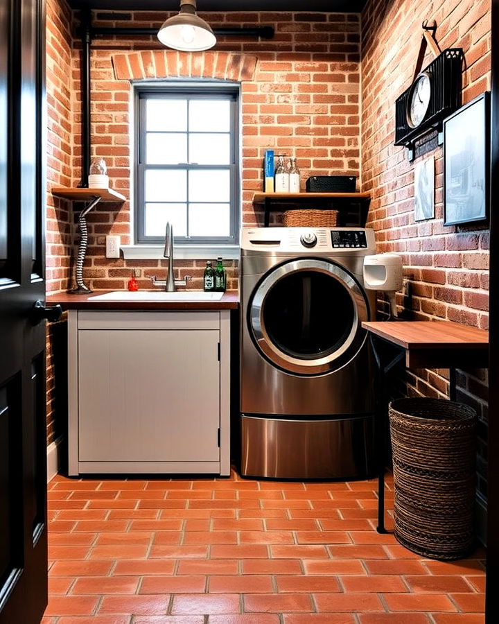 industrial style laundry room with red brick