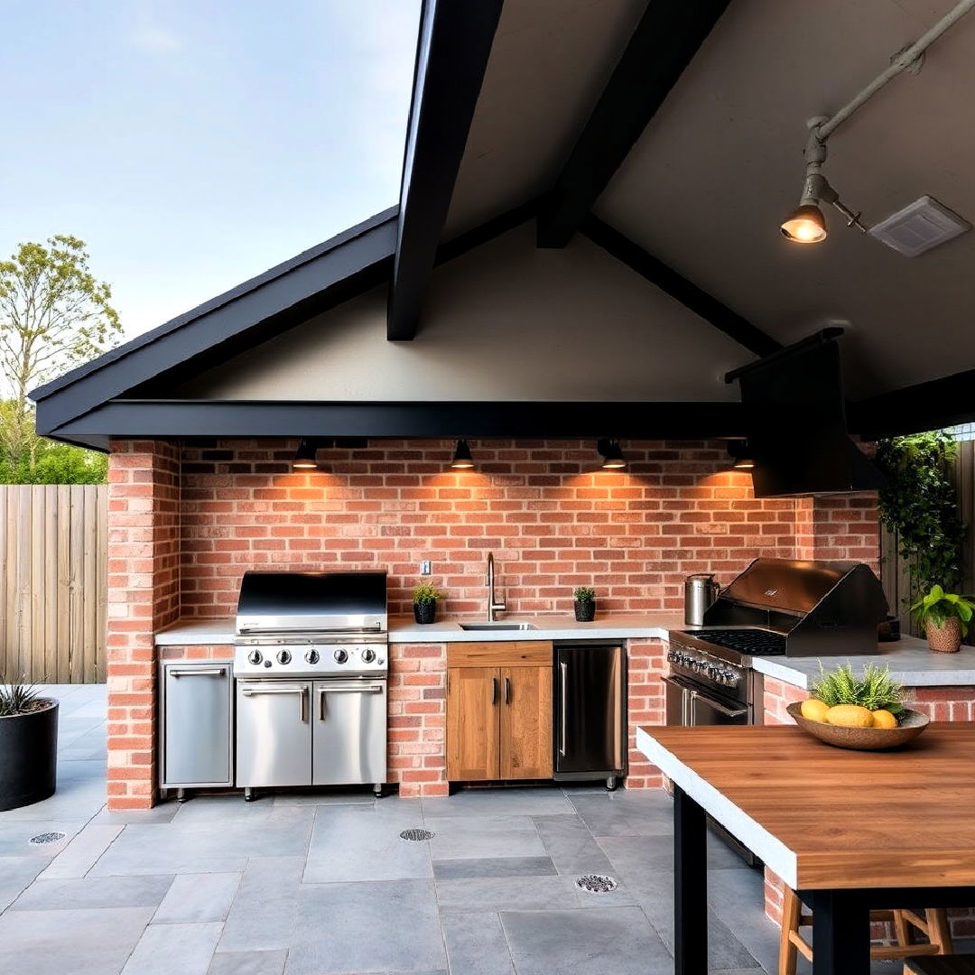 industrial style pool house with outdoor kitchen