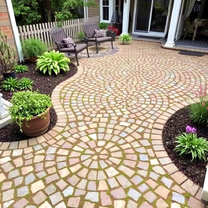 intricate patio design with small cobblestones for a custom touch