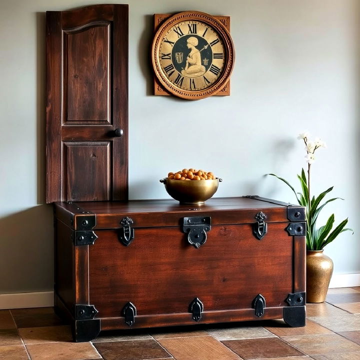 iron bound wooden chest for spanish entryway storage