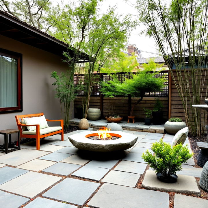 japanese inspired patio with fire pit