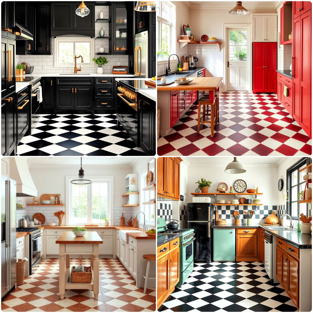 kitchens with checkered floors