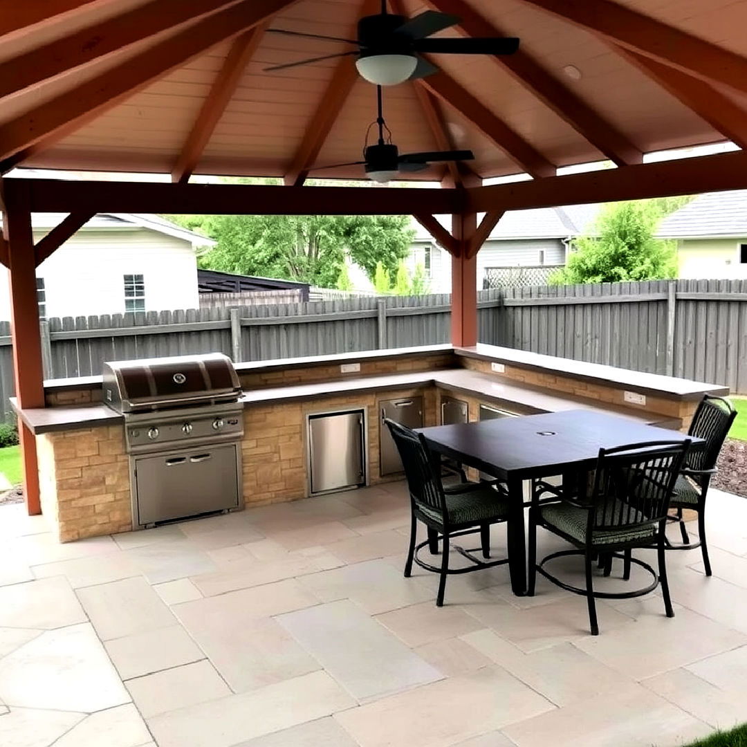 l shaped outdoor kitchen under a gazebo