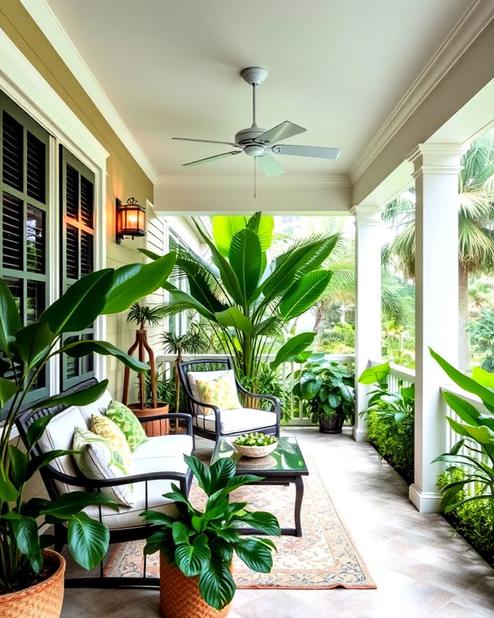 lanai porch decor with tropical inspired greenery