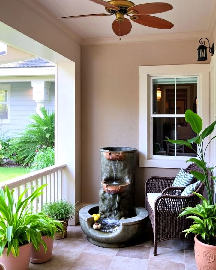 lanai porch with a charming water feature