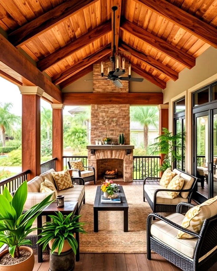 lanai porch with rustic wooden beams and ceiling