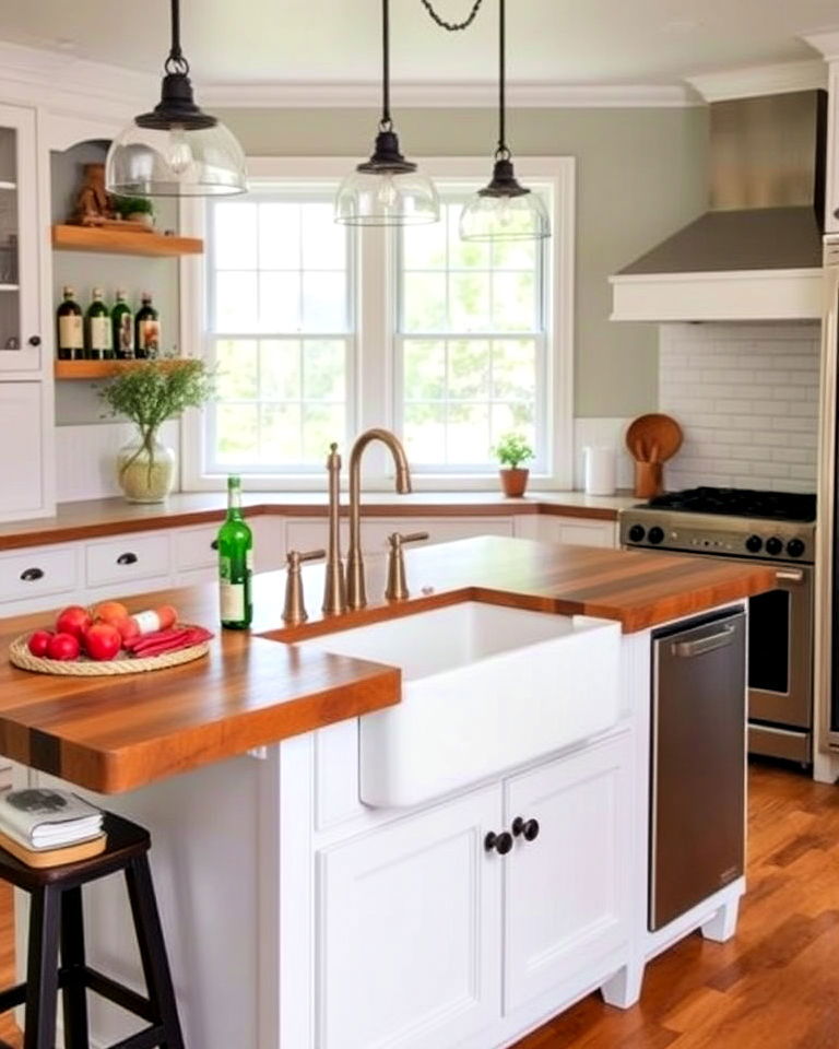 large farmhouse island with apron front sink