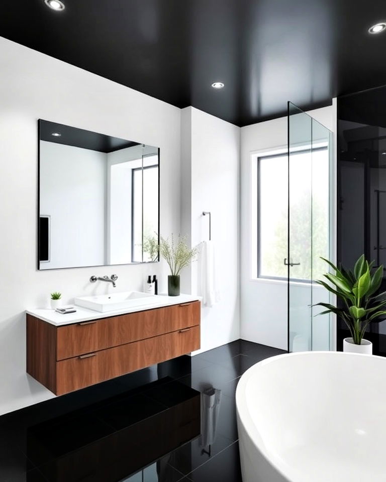 large mirror to brighten a bathroom with a black floor