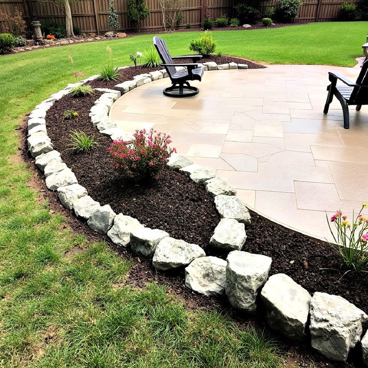 lay a rough stone edging around a stamped concrete patio