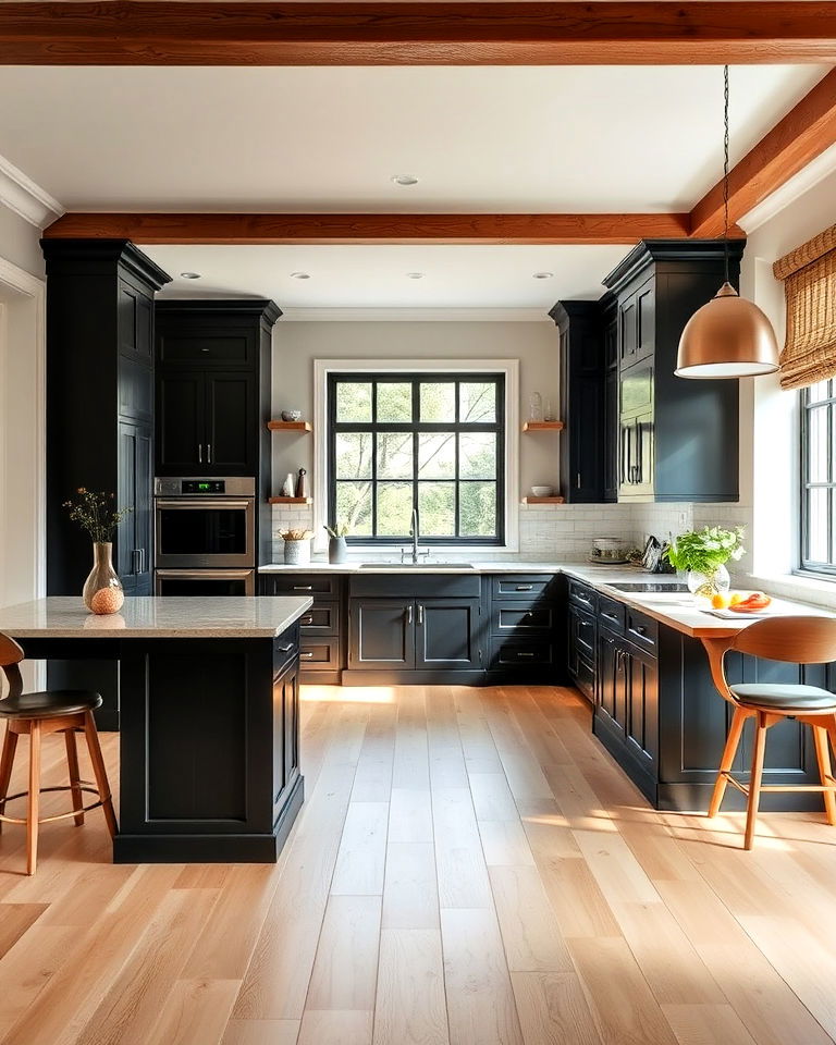 light beech flooring with dark cabinets