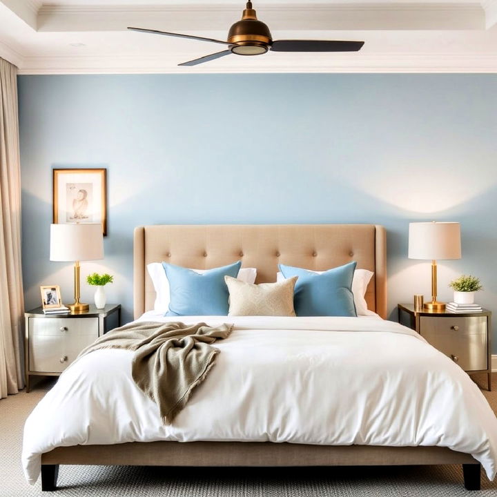 light blue accent wall as a bedroom feature