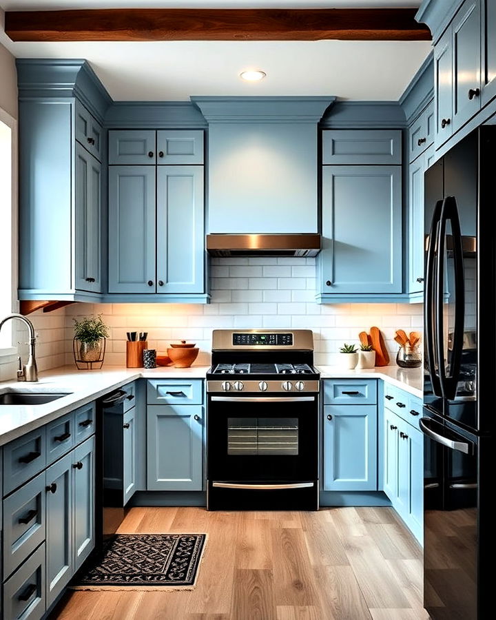 light blue cabinets contrast with black appliances