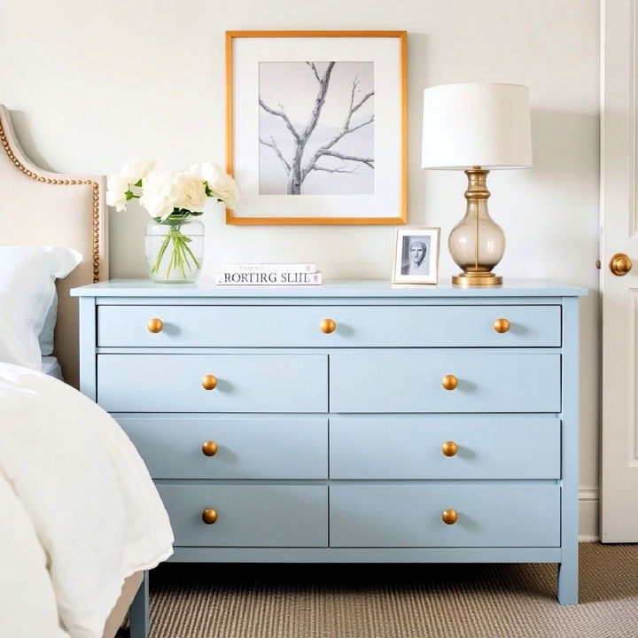 light blue dresser with gold accents