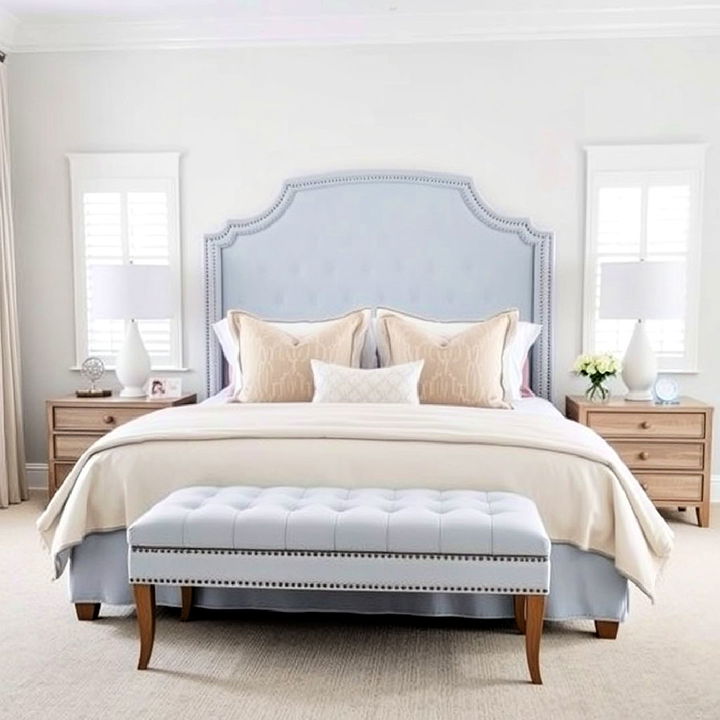 light blue headboard as a focal point