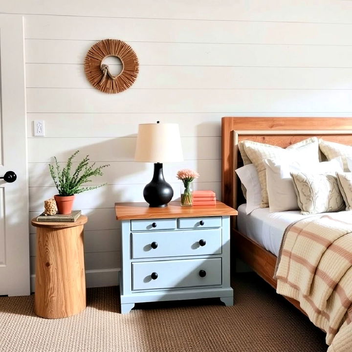 light blue nightstands with wooden accents