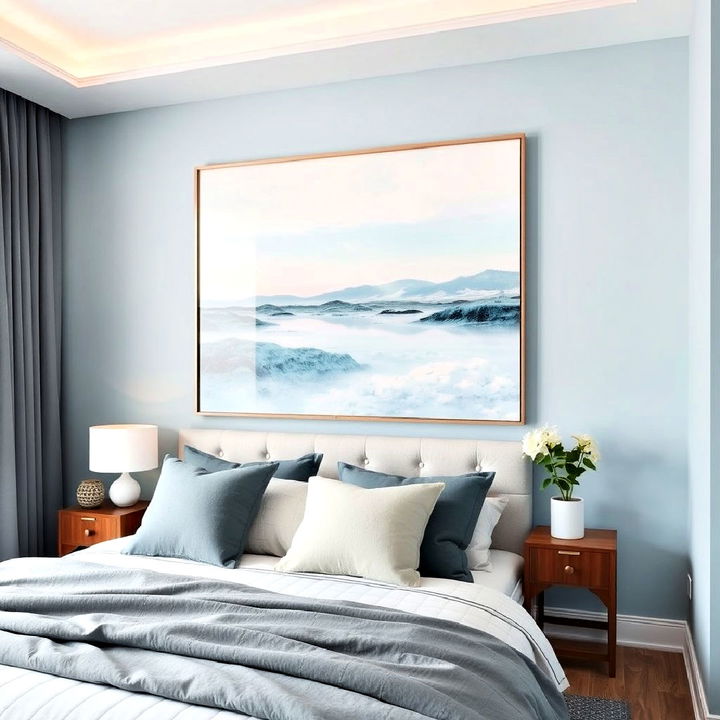 light blue statement artwork above the bed