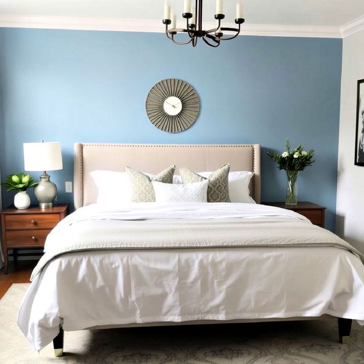 light blue walls with crisp white bedding