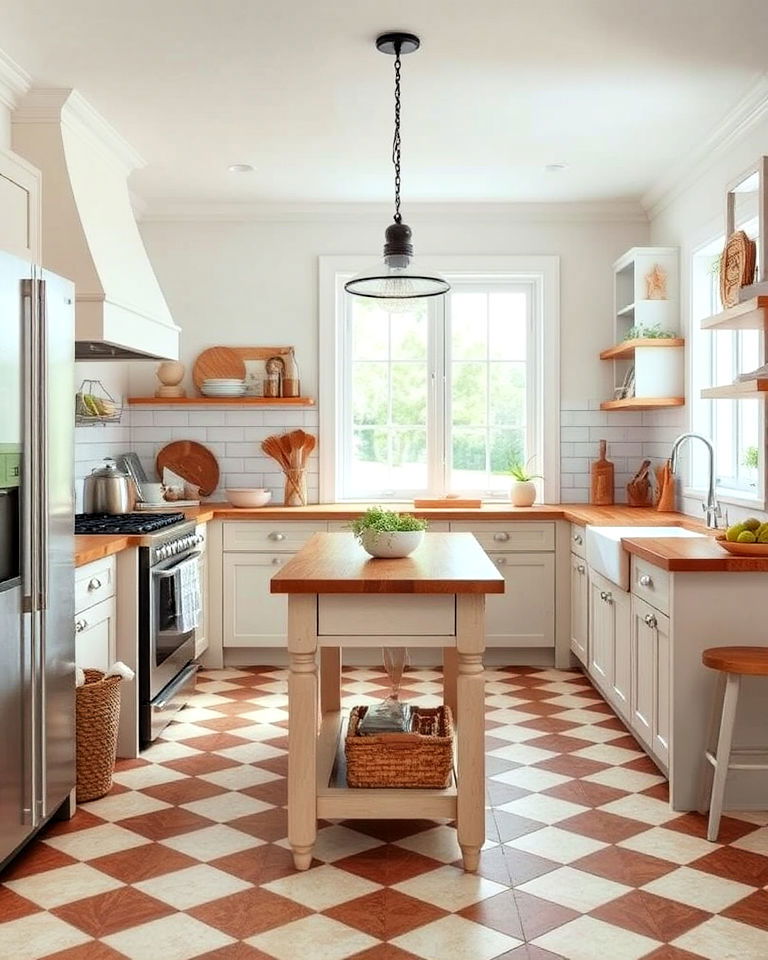 light brown checkerboard pattern kitchen floor