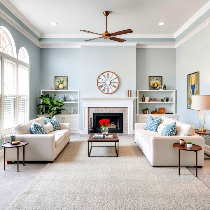 light grey carpeting paired with calming soft blue walls