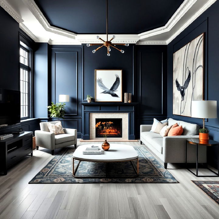 light grey floors paired with deep navy walls