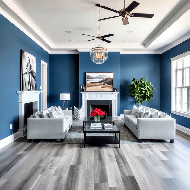 light grey wood flooring with luxurious sapphire blue walls