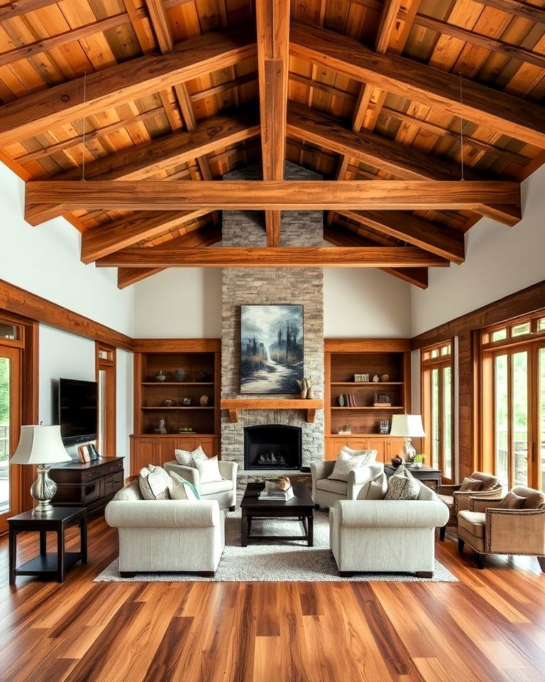 living room exposed wood beams and flooring