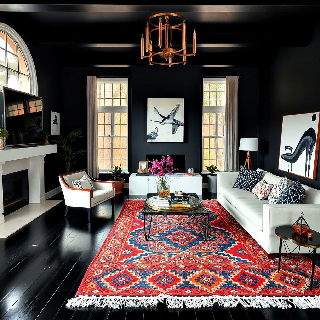 living room with black floor and patterned rug