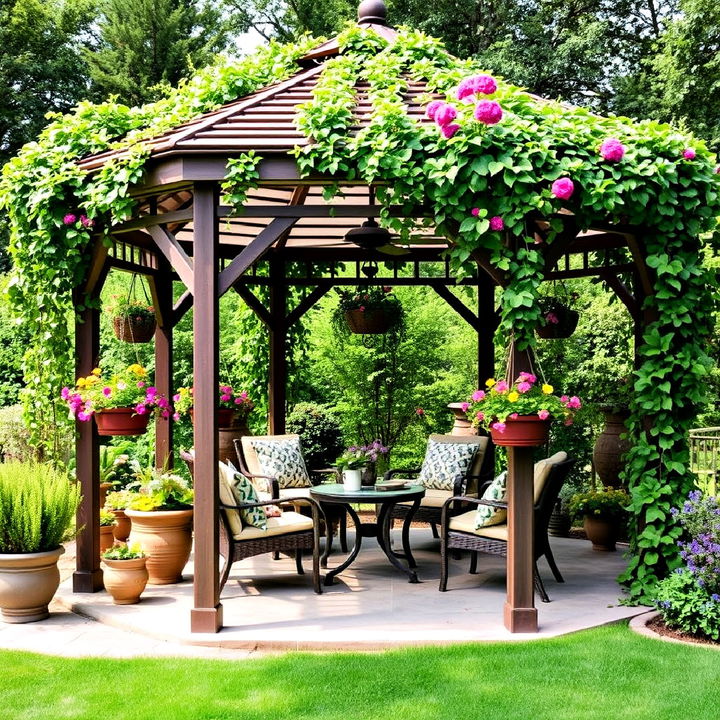 lush green gazebo with hanging planters