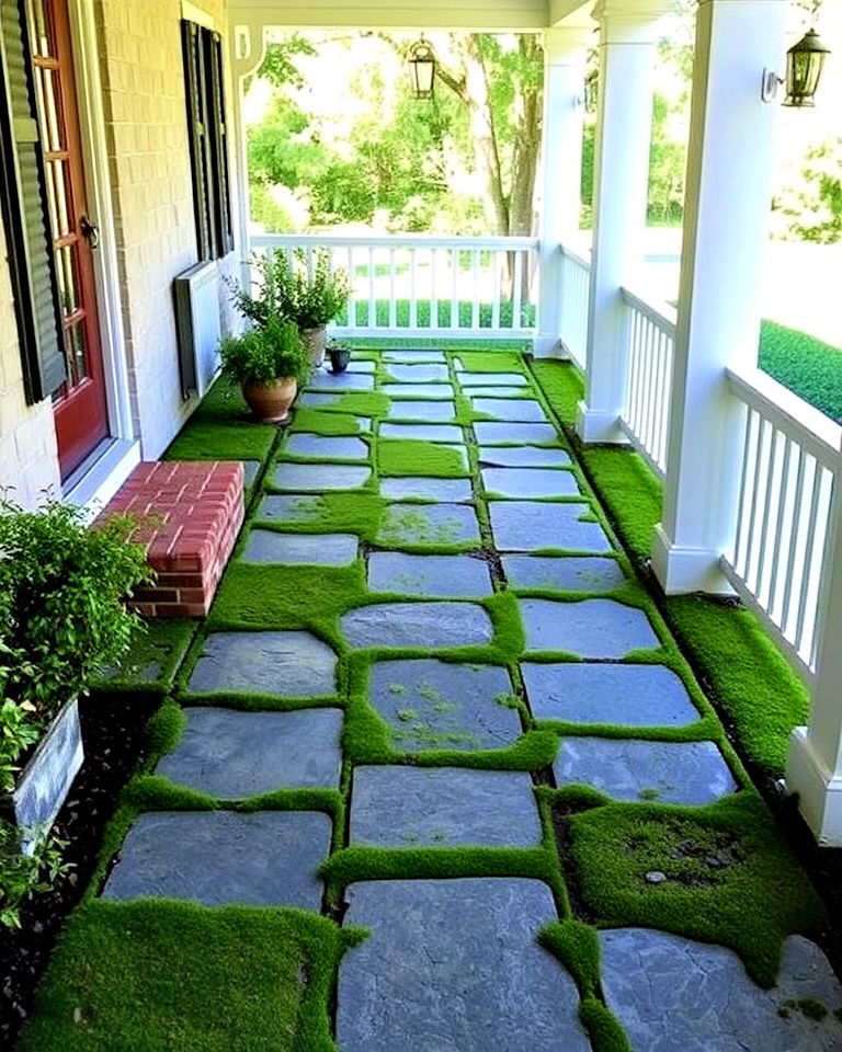 lush natural stone and moss pavers for porch