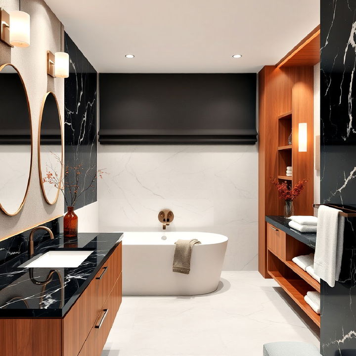 luxurious black marble meets warm wooden details in bathroom