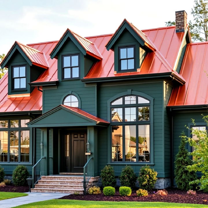 luxurious copper roofing paired with dark green walls