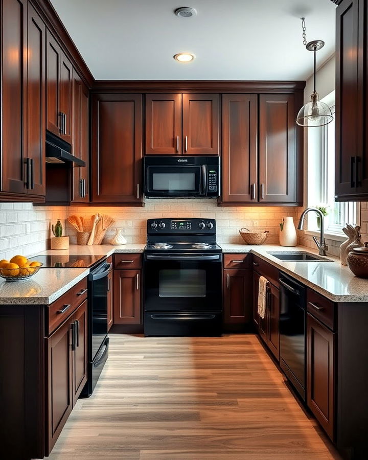 luxurious dark brown cabinets with black appliance