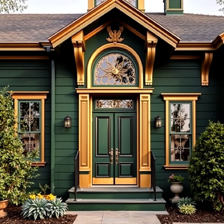 luxurious dark green with gold trim exterior home