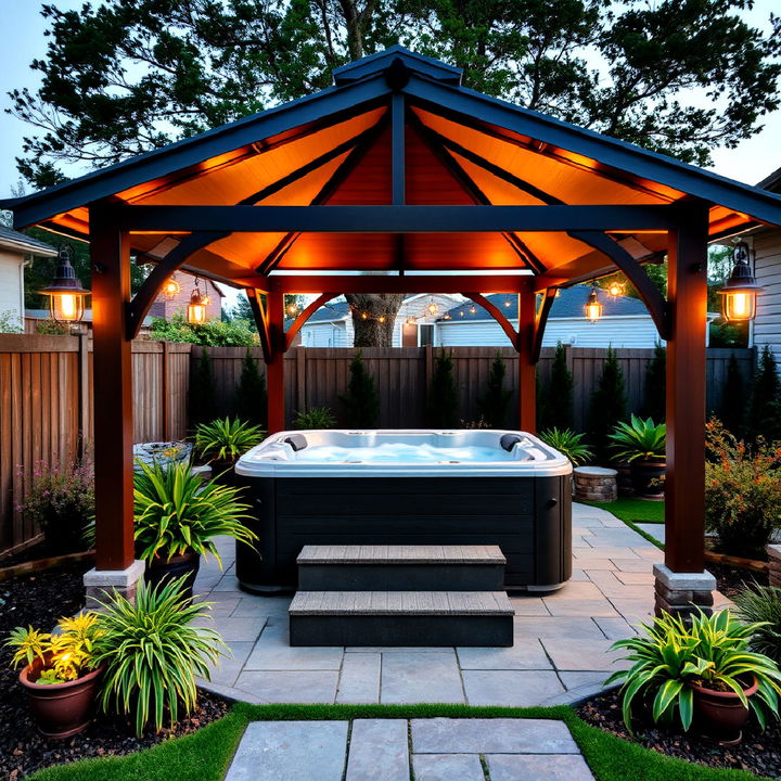 luxurious gazebo featuring a hot tub