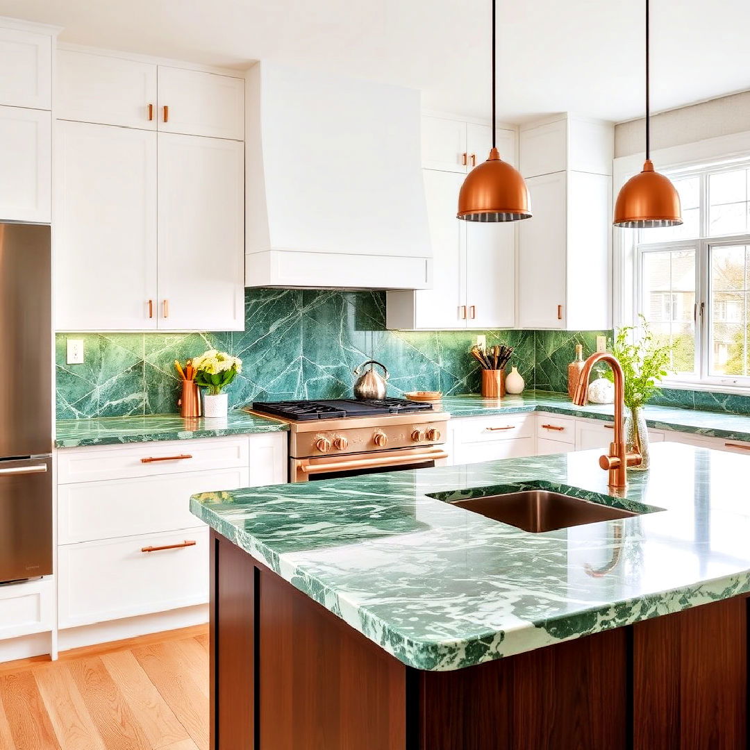 luxurious green marble counters with copper highlights